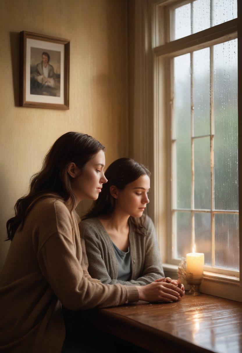A poignant depiction of a family gathered in a softly lit room, surrounded by mementos symbolizing loss and cherished memories. Their expressions are a mix of sorrow and resilience, with a window showcasing a gentle rain outside, metaphorically representing tears. The atmosphere should evoke a sense of bittersweet nostalgia, with warm, muted colors enhancing the emotional weight. super-realistic. warm tones. soft focus.