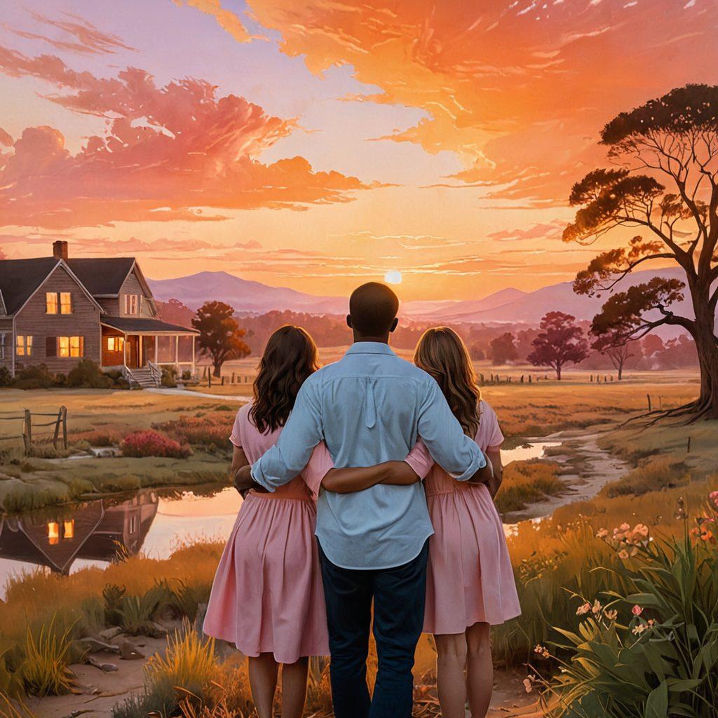 A powerful visual narrative depicting a family's emotional journey from heartache to healing, featuring a serene sunset backdrop symbolizing hope. In the foreground, the Johnson family is embracing, showcasing tenderness and resilience, with subtle elements of past struggles represented through faded memories in the background. Soft, warm lighting enhances the feeling of comfort and optimism. painterly style. warm colors. emotional depth.