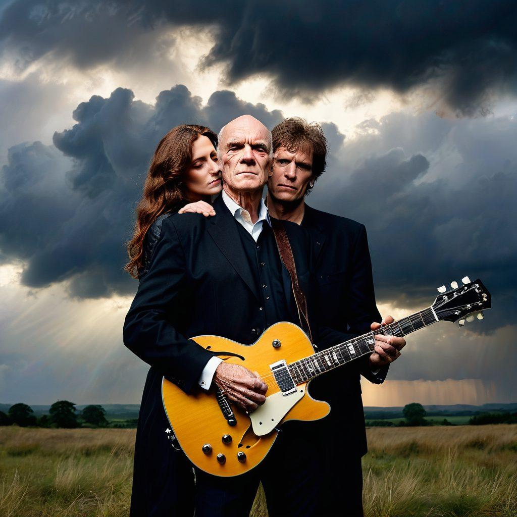 A moving scene depicting Wilko Johnson with his guitar, surrounded by his family in a warm embrace, set against a backdrop of stormy skies transitioning to rays of sunlight, symbolizing hope. Incorporate elements of resilience, love, and music through vibrant colors and soft lighting. The atmosphere should evoke both nostalgia and inspiration. super-realistic. vibrant colors. warm tones.